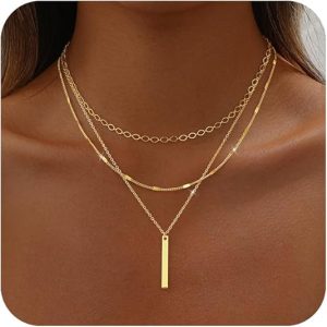 Gold Necklace for Women 14K Gold Plated Layered Cross Bar Necklace Herringbone Figaro Paperclip Flat Chain Cute Charm Accessories Non Tarnish Jewelry Set Gifts for Women