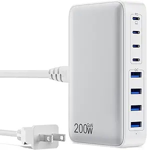 USB C Charger 200W USB C Charger Block,Upgraded GaN III 8-Port Fast Charging Station Hub,PD 65W Laptop Charging Adapter Compatible with MacBook Pro/Air,DELL,Steam Deck,iPhone 16/15/14,Galaxy S23/22