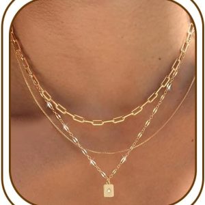 YEEZII Layered Gold Necklaces for Women Trendy, 3 Pcs 14K Gold Plated Choker Paperclip Box Chain Necklace, Stackable Women's Gold Pendant Necklaces Jewelry Set