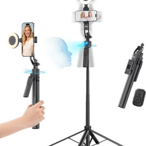 Acer Gadget Auto Face Tracking Tripod for iPhone/Cell Phone/Android/Camera with Light and Remote, 64", No App, 360°Rotating Tripod Selfie Stick for Tiktok YouTube Vlog Live Streaming Video Recording