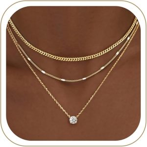 WomenGifts Layered Gold Necklaces for Women, 14K Gold Sterling Silver Plated Dainty Pendant Necklace Set Non Tarnish, Chunky Stackable Cuban Chain Choker, Trendy Birthstone Vacation Jewelry Gift