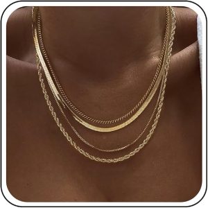 Tewiky Layered Necklaces for Women 14k Gold Plated Chain Necklace Set | Chunky Herringbone/Snake/Rope/Box/Cuban Link Chain for Women, Layering Stack Choker Necklace, Dainty Jewelry Set Non Tarnish