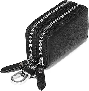 Key Fob Case Genuine Leather, Double Zipper Car Key Holder & Key Wallet with Keychain, Key Pouch for Purse Gift