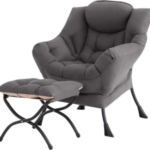 Lazy Chair with Ottoman, Comfy Reading Accent Chair, Dark Grey | Foldable Footrest, Padded Seat and Backrest, Side Pocket for Lounging in Living Rooms, Bedrooms, Dorms and Small Spaces