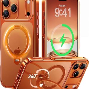 CASEKOO Glossy Orange 360 Spin Magnetic Stand for iPhone 17 Pro Max Case | Fit for MagSafe, 17FT Military Protection, Slim Hand-Polished Frame Titanium Alloy Sturdy Stand 6.9", Glossy Cosmic Orange