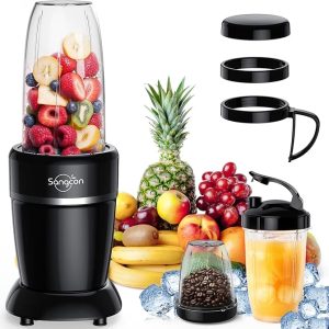Sangcon 1000W Personal Smoothie Blender, Protein Shakes, Home & Gym, Black | 37/32/22 oz BPA-Free To-Go Cups with 6-Leaf Blade, Frozen Fruit, Ice Crushing, Baby Food, Sauces, Dips, Coffee, Nuts, Spices