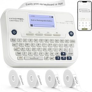 SUPVAN E12 Keyboard & Bluetooth Label Maker Machine with 4 Tapes, White | Rechargeable, LCD Backlit Display, App with 30+ Fonts & 660+ Icons, Minimal Margin, Inkless, for School, Office, Home