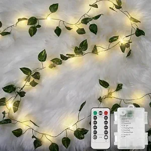 33FT 100LED Pothos Vine Fairy Lights Battery Operated Copper Wire | String Lights with Remote,Leaf Lights for Bedroom,Dorm,Wedding,Party, Garden,Wedding,Classroom Decor (Warm White)