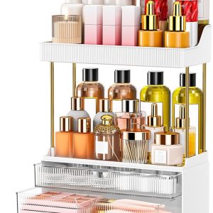 3-Drawer 2-Tier Acrylic Makeup & Bathroom Vanity Organizer | Clear,3 smooth drawers, 2 open shelves, dustproof, wipe clean, for large skincare, perfumes, lipsticks, dresser, counter