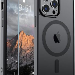 SUPFINE Magnetic for iPhone 13 Pro Case Black | With Screen Protector, Translucent Matte, Compatible with MagSafe, Military Grade Drop Proof, Rugged Shockproof Protective