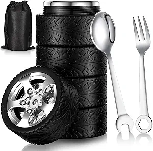 Yungyan Tire Travel Mug with Tool Spoon & Fork, Stainless Steel, 3 Pcs | Novelty Gift for Car Lovers, Mechanics, Dads and Husbands; Suitable for Coffee, Tea and Everyday Travel Use
