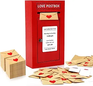 Romantic Wooden Love Postbox Set, 50 Mini Love Notes and Envelopes | Red Wooden Mailbox, Interactive Opening Door, Cute Christmas Anniversary Valentines Day Gifts for Him Husband Boyfriend