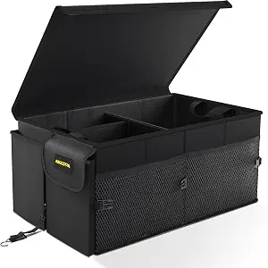 MIKKUPPA Trunk Organizer with Lid - 65L Collapsible Car Organizer, Black | Reinforced Board Resists Deformation, Sturdy Car Storage for SUV Sedan Truck Van, with Adjustable Straps and Non-Slip Bottom