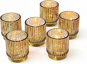 Kate Aspen Gold Votive Candle Holders - Vintage Ribbed Glass Candle Holder Set of 6 - Mercury Glass Tealight Holders for Christmas Table Decor, Holiday Centerpieces, Fall Thanksgiving Tablescape