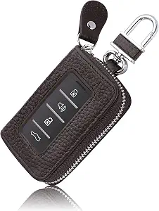 Car Key Fob Case for Replacing Old Key Fob Cover,Genuine Leather Car Key Case Holder with Key Ring & Keychain (Coffee)