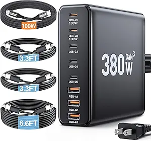 380W USB C Charger Block with 4 USB Cables Dual 100W Charging Station | 8-Port USB C Charging Station Laptop Charger Fast Type C Charging Block for MacBook Pro