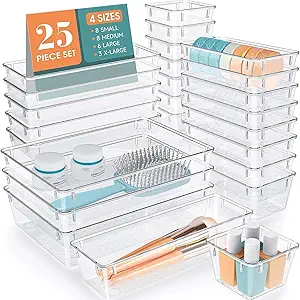 25 PCS Clear Plastic Drawer Organizer, Makeup Organizers and Storage Bins | 4 Sizes Desk Drawer Divider Organizers and Storage Bins for Makeup, Jewelry, Gadgets for Kitchen, Bedroom, Bathroom, Office
