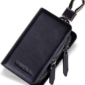 VISOUL Car Key Case Holder Double Zipper, Leather Car Smart Key Fob Case with Keychain for Men and Women