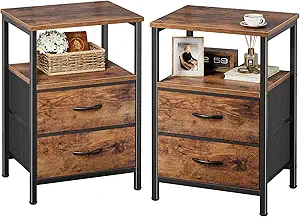 Huuger Night Stand Set of 2, Nightstand with 2 Drawers, Bedside Table | Open Shelf, Wooden Top, End Table, Fabric Drawer, for Bedroom, Living Room, Rustic Brown