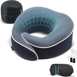 Travel Pillow, Orthopedic Memory Foam Airplane Neck Pillow, Blue | 360 Head Support Travel Set with 3D Contoured Eye Masks, Earplugs and Luxury Mesh Bag, Updated Soft Resting Material